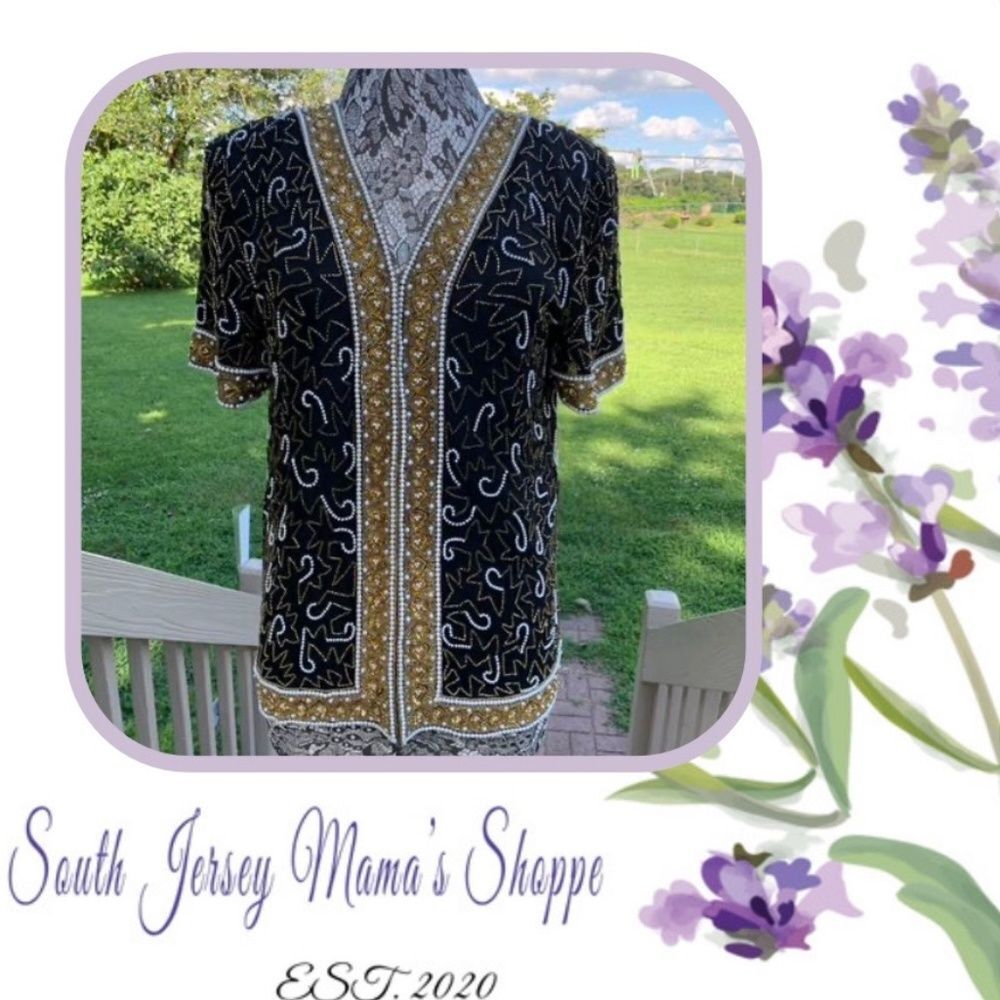 Vintage 1980s Size PM Laurence Kazar Black & Gold Hand Beaded Tunic Top (C190)